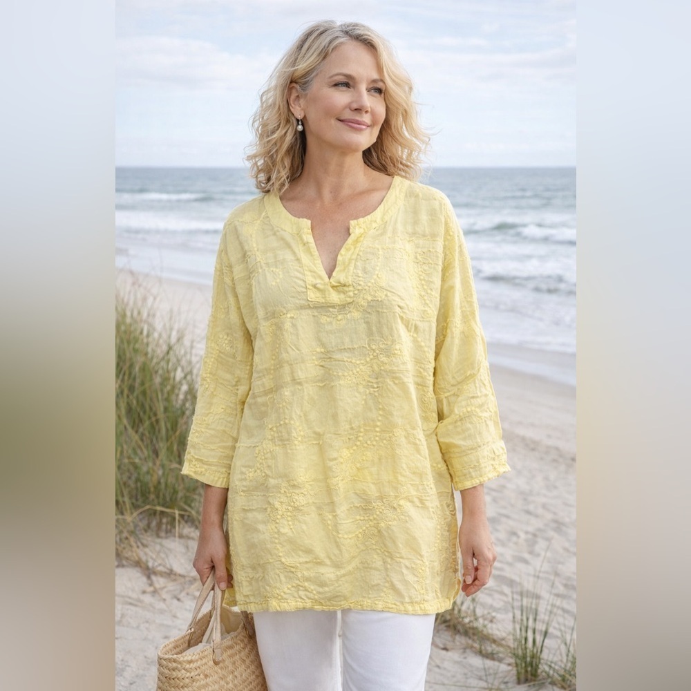 Vintage Cottonseed Yellow Embroidered Tunic Top Women’s XL | Boho Peasant